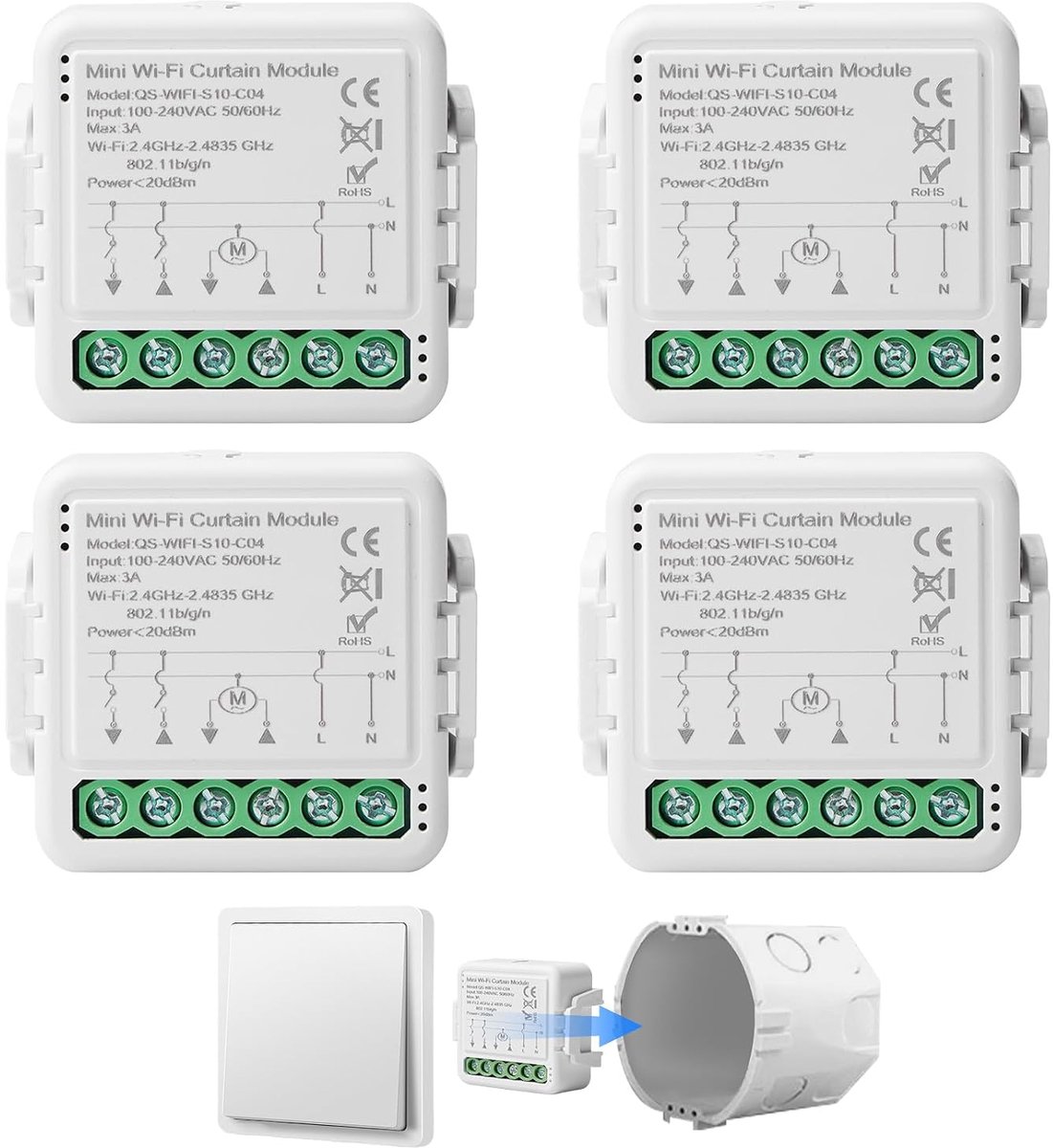 Smart Shutter Switch Module - 4 Stuks - WiFi Flush Schakelmodule - Bediening voor Gordijnen en Jaloezieën - ShopVlot