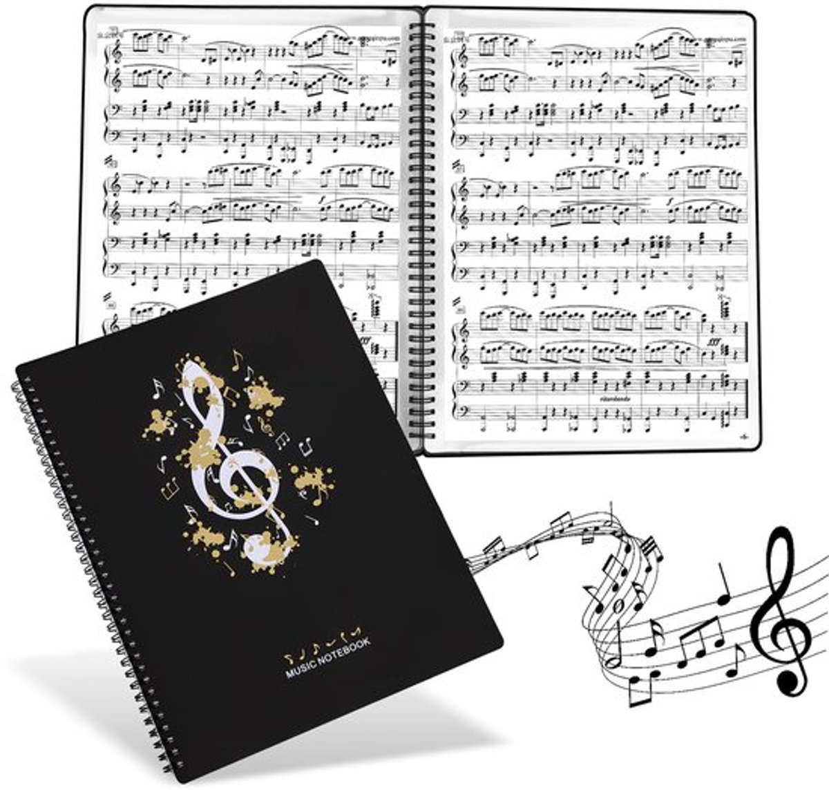 Muziekmap A4 - 60 pagina's - Koormap zwart - Spiraalbinding - Waterdichte binnenzak - Transparant label - Notenmap