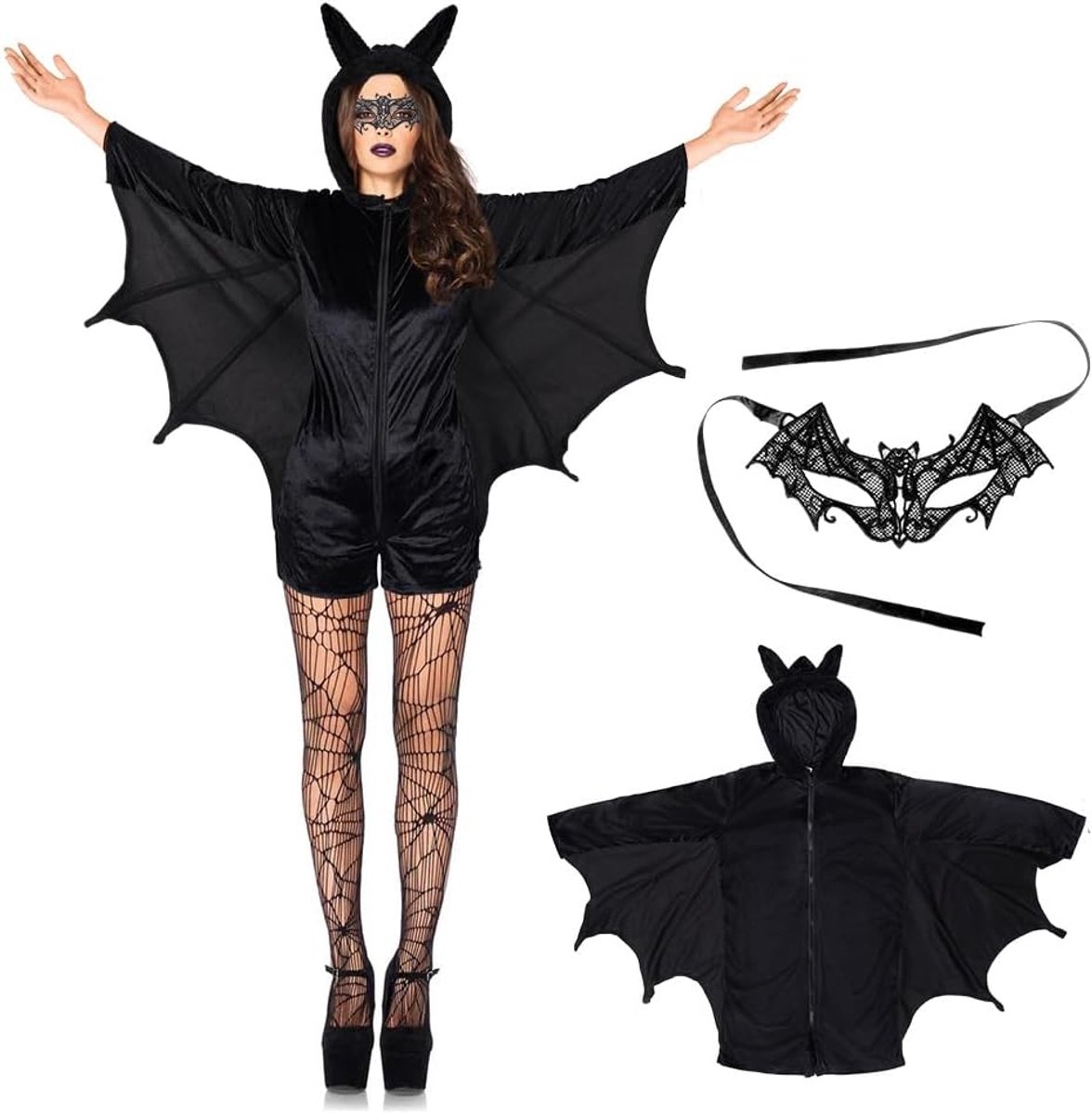 Bat kostuum dames - Pluche vleermuis kostuum - Zwarte kanten vleermuismasker - Perfect voor Halloween feest - ShopVlot