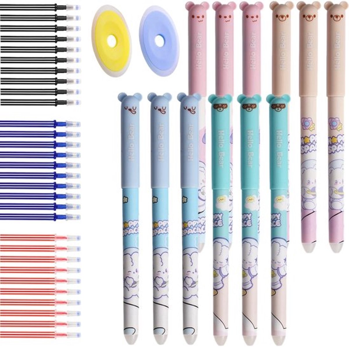 CONNECTION Bunny Rub Out Pennen 12 Stks 0,5 mm Leuke Cartoon Uitwisbare Balpen met 30 Vullingen en 2 Gummen voor Kinderen, Studenten, Tekenen (Meerkleurig)
