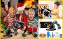 Kinderen krijgen een gele en zwarte radiografische graafmachine als kerstcadeau.