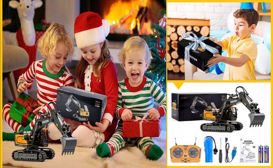 Kinderen krijgen een gele en zwarte radiografische graafmachine als kerstcadeau.