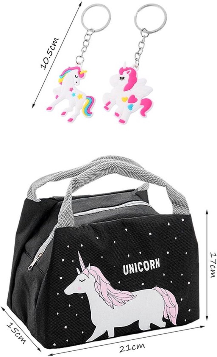 Lunchtas Eenhoorn - Schoollunchtas - Picknicktas - Koeltas - Zwart - Duurzaam Polyester - Inclusief Hanger