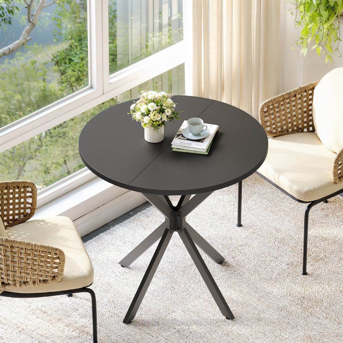 Ronde Tafel 80 cm - Eet- en Bureautafel Met X-Poten Van Staal En Spaanplaat - Zwart