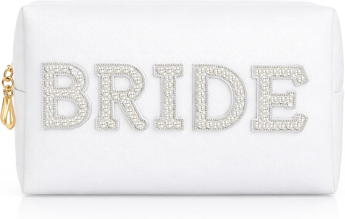 Make-up tas bruid met parelletters - witte PU reistas - elegant design - perfecte cadeau voor bruiloft - ShopVlot