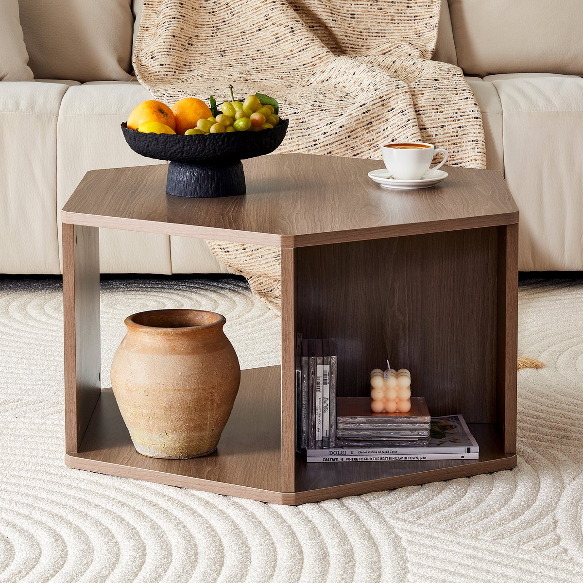 Zeshoekige Multifunctionele Salontafel 79x69,4 cm - MDF Tafel Met Walnoot Uitstraling - Eenvoudig Te Monteren Bruin