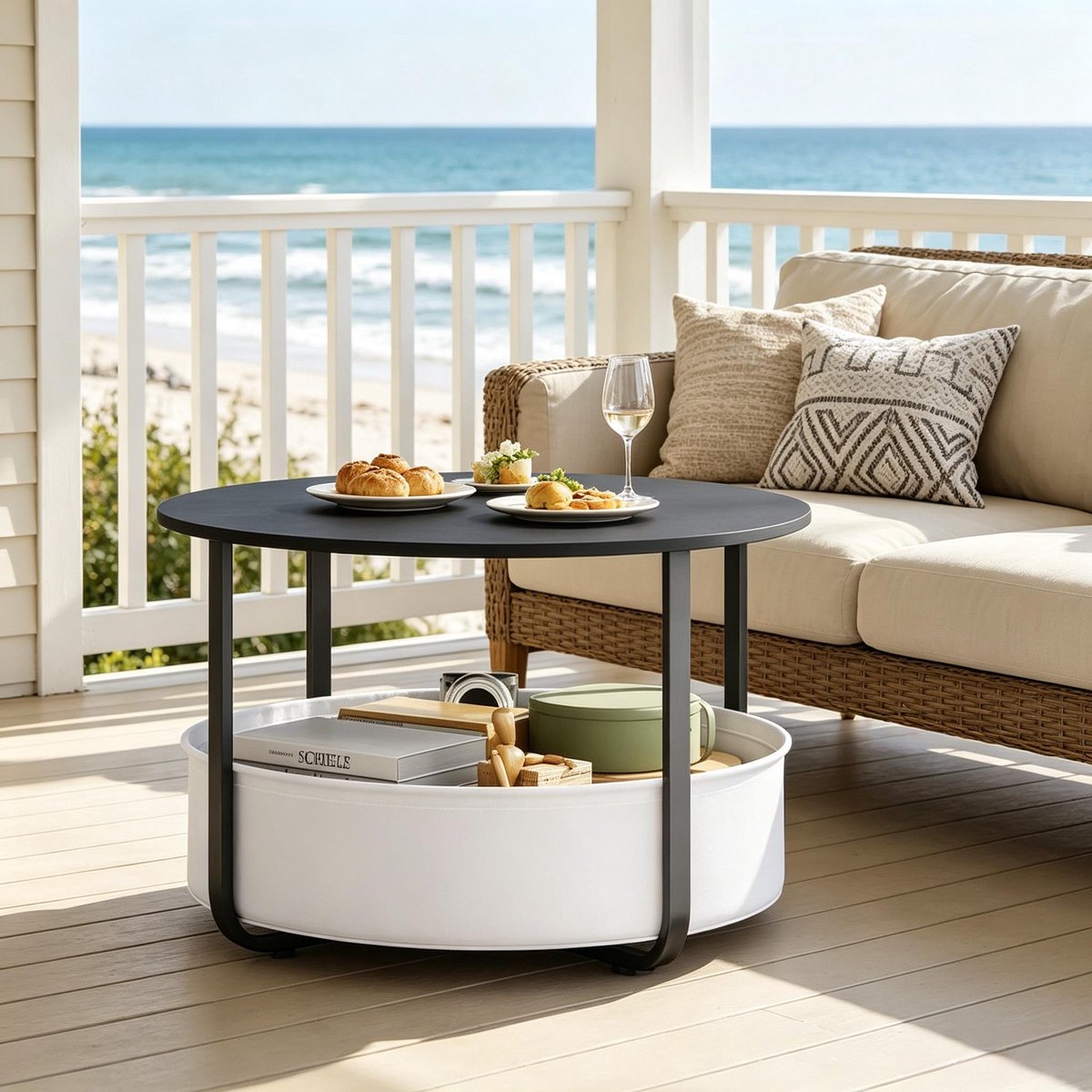 Ronde Salontafel 80 cm - Couchtafel Met Canvas Opbergkorf En Stevig Metalen Frame Zwart