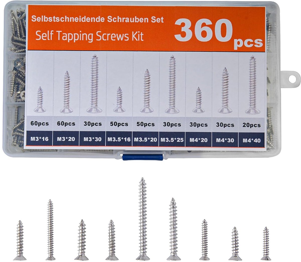 Schroeven set 360 stuks met 7 maten (16-40mm) - Zelfsnijdende nikkel gecoate Phillips schroeven - ShopVlot