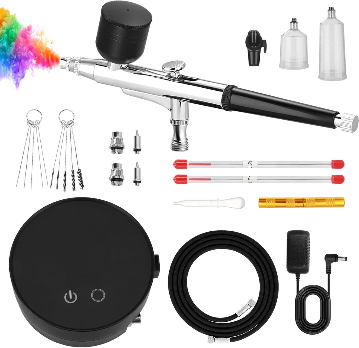 SnelShoppen - Airbrush Set met Compressor, 3 Drukniveaus (28/35/46 PSI), Airbrushpistool met 3 Doppen (0.2/0.3/0.5 mm), Perfect voor Modelbouw, Nagelk