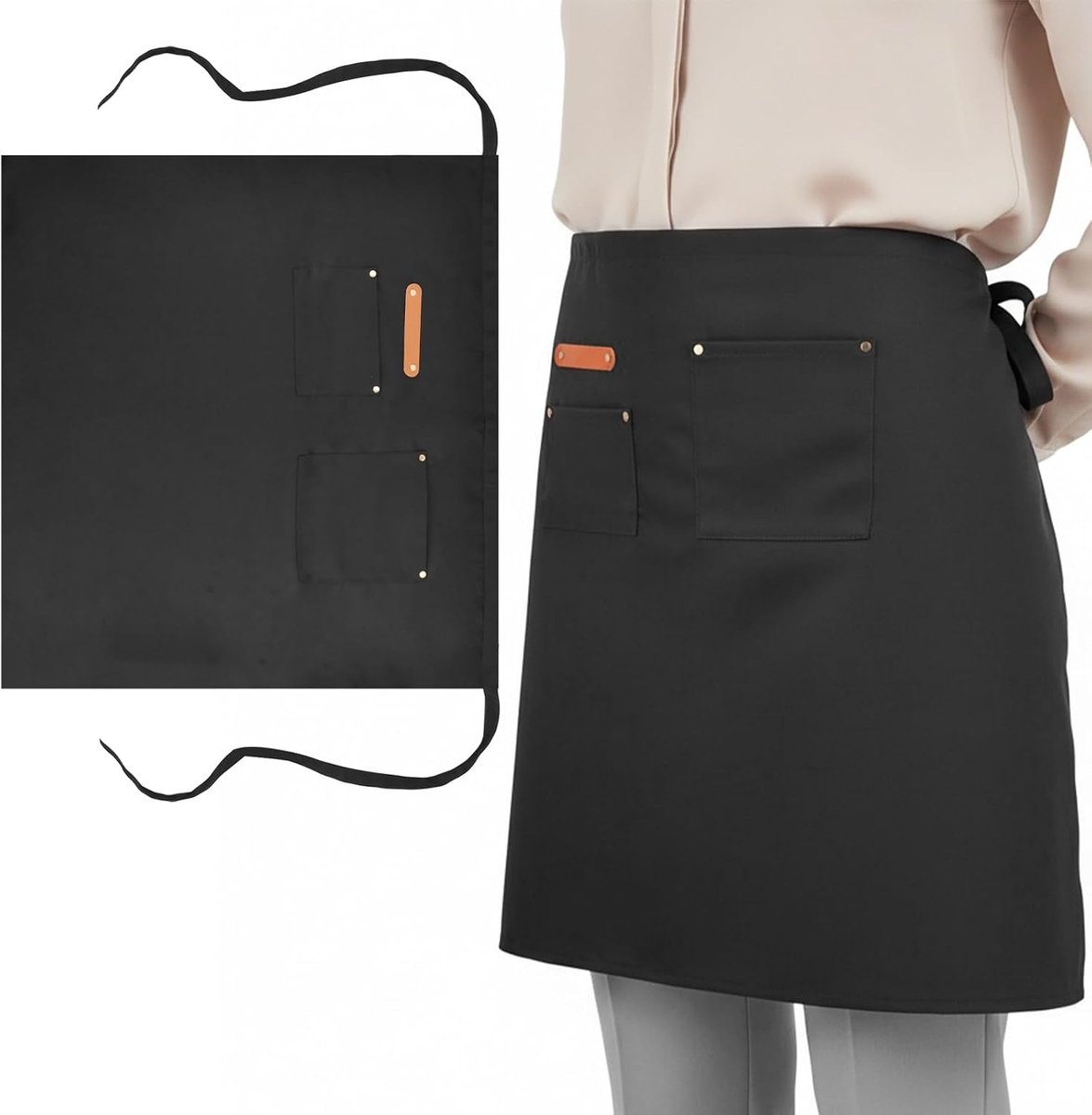 Schort met Lange Taille en 2 Zakjes - Unisex Keukenschort van Waterdicht Canvas - Mid Lengte Schort voor Koks - ShopVlot