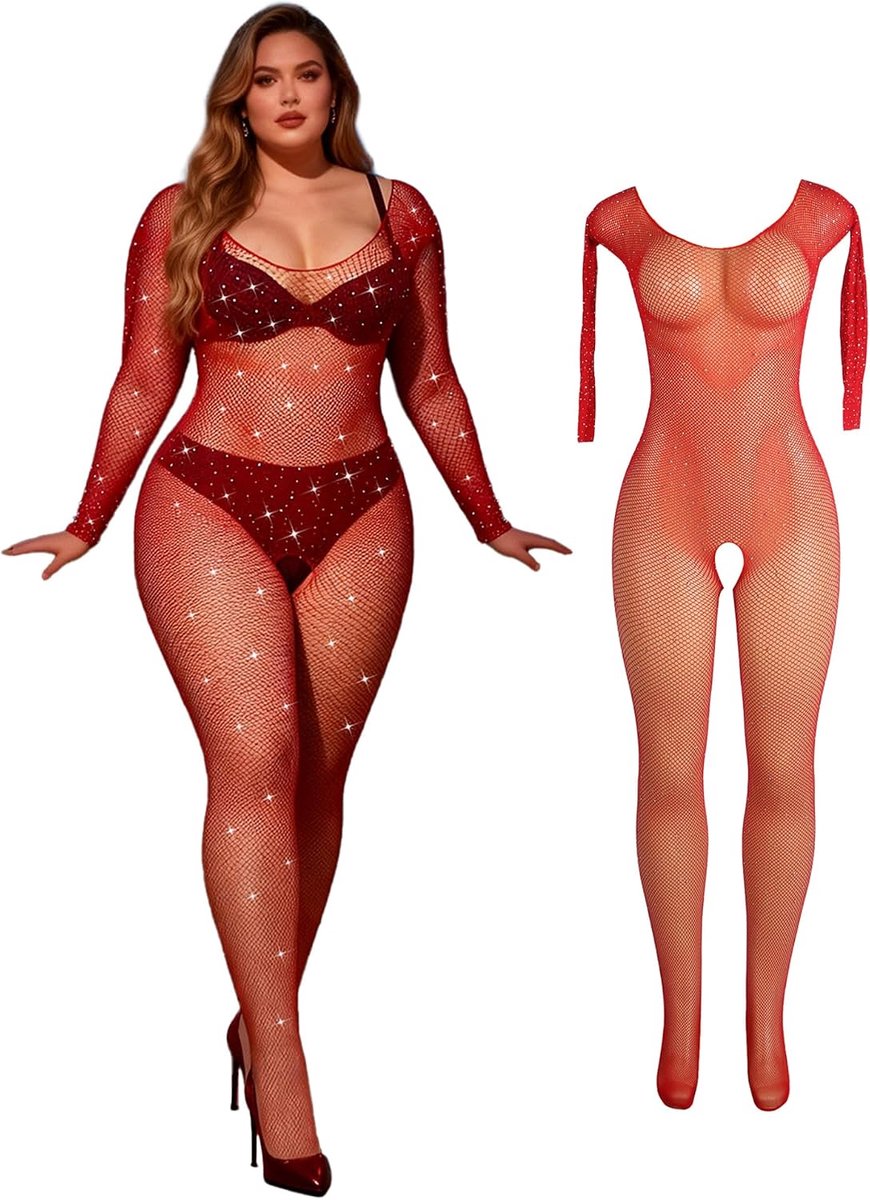 Bodysuit plus size 3XL-5XL - rode visnetpanty - sexy body stocking - perfect voor een verleidelijke look - ShopVlot