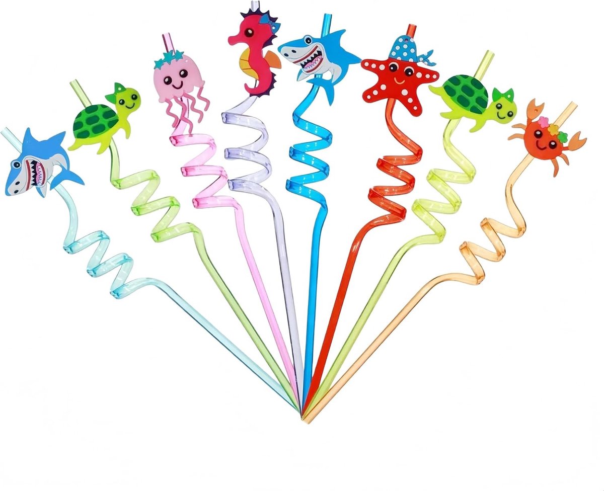 Set van 8 Herbruikbare Drinkrietjes voor Kinderen met Zeedieren, Kleurrijke Partyaccessoires voor Verjaardagsfeesten en Onderwater Thema's