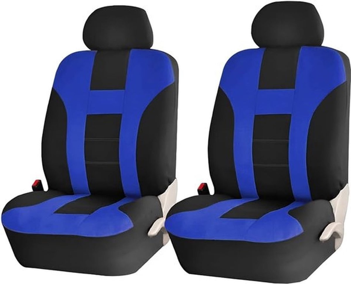 Autostoelhoezen voor de voorstoel, ademend, wasbaar, rekbaar polyester, autostoelbeschermers met afneembare hoofdsteunen, geschikt voor de meeste bestelwagens, vrachtwagens en SUV's (zwart/blauw)