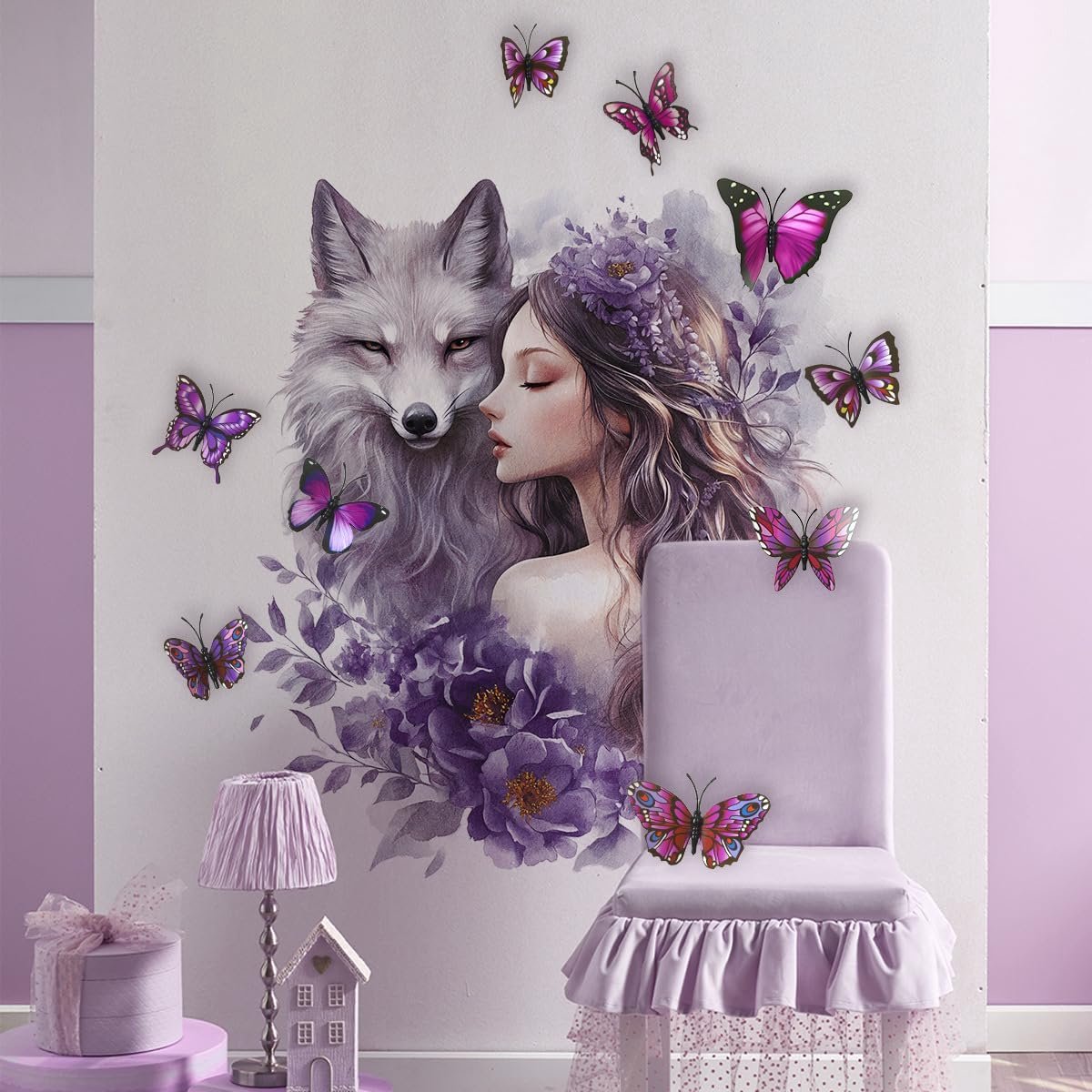 Muurstickers Wolf met Meisje - 3D Vlinders en Bloemen - Vinyl - Droomdecoratie voor Meisjeskamer - ShopVlot