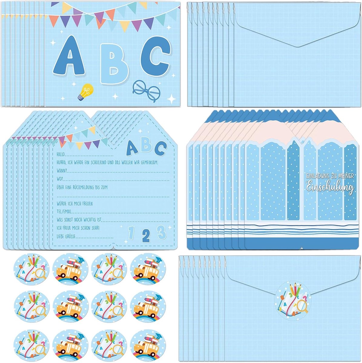 Uitnodigingskaarten jongens 12 stuks - opvouwbare kleurpotloodvorm - blauwe design - perfect voor schoolfeest - ShopVlot