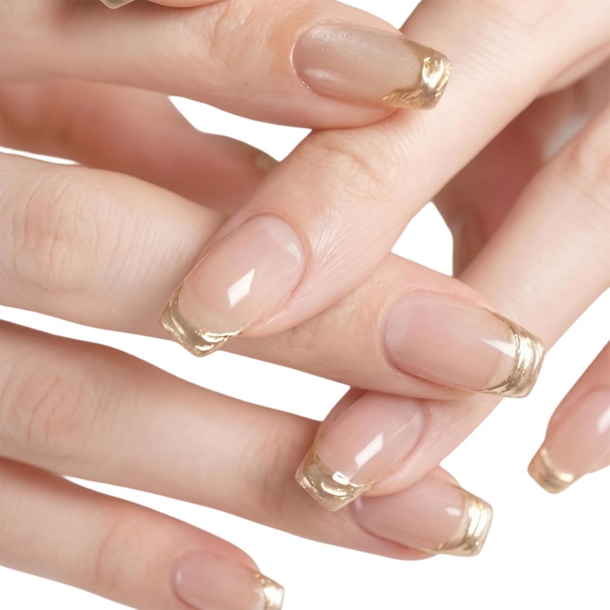 Nail Art Set - 24 Stuks Nude en Gouden Franse Punt - Shiny Vierkante Nepnagels - Luxe Manicure Thuis - ShopVlot