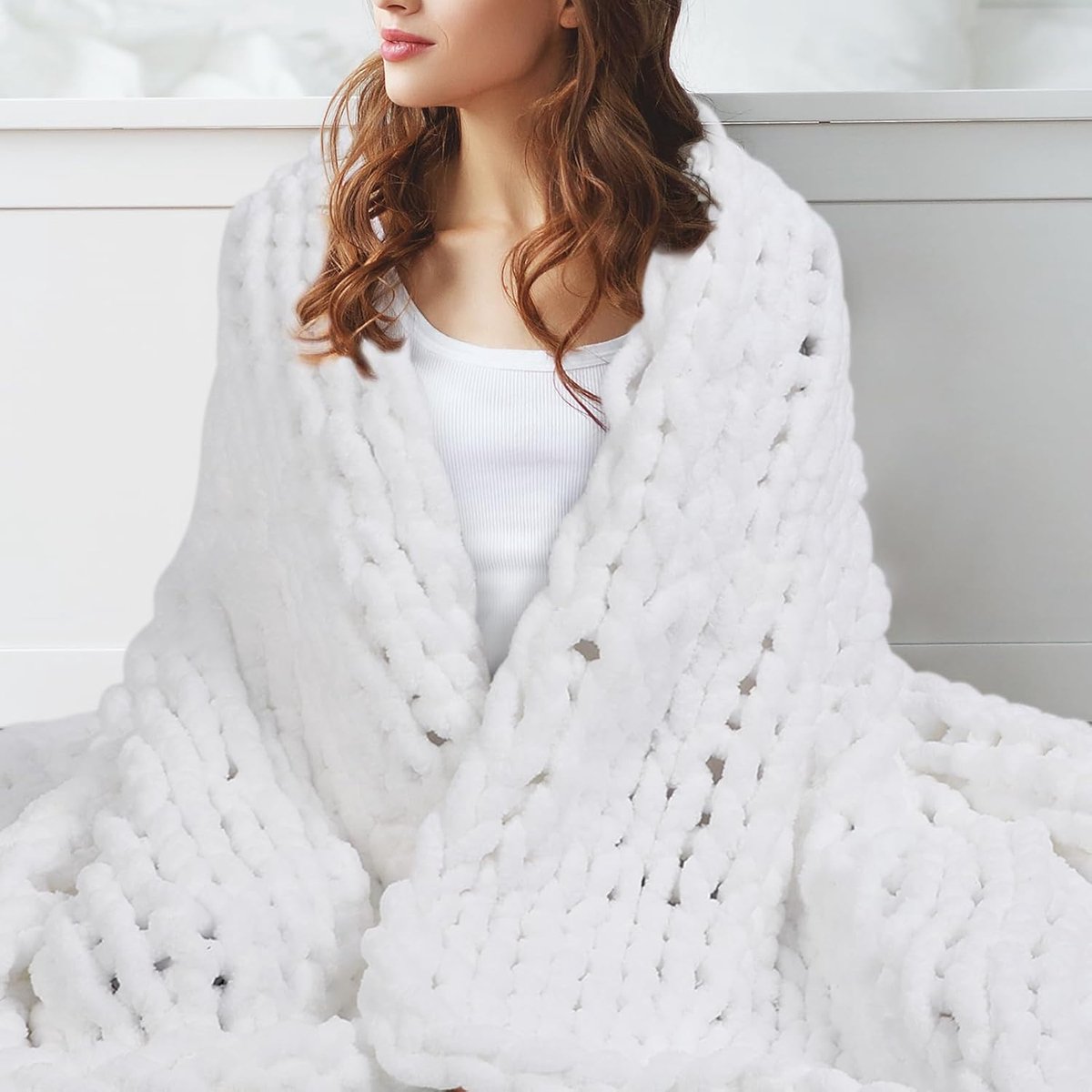 Gugxiom Thick Knitted Blanket 50 x 60 Inch Chenille Stricked, Warm & Cozy Hand Knitted Chunky Knit Blanket for Sofa - ShopVlot