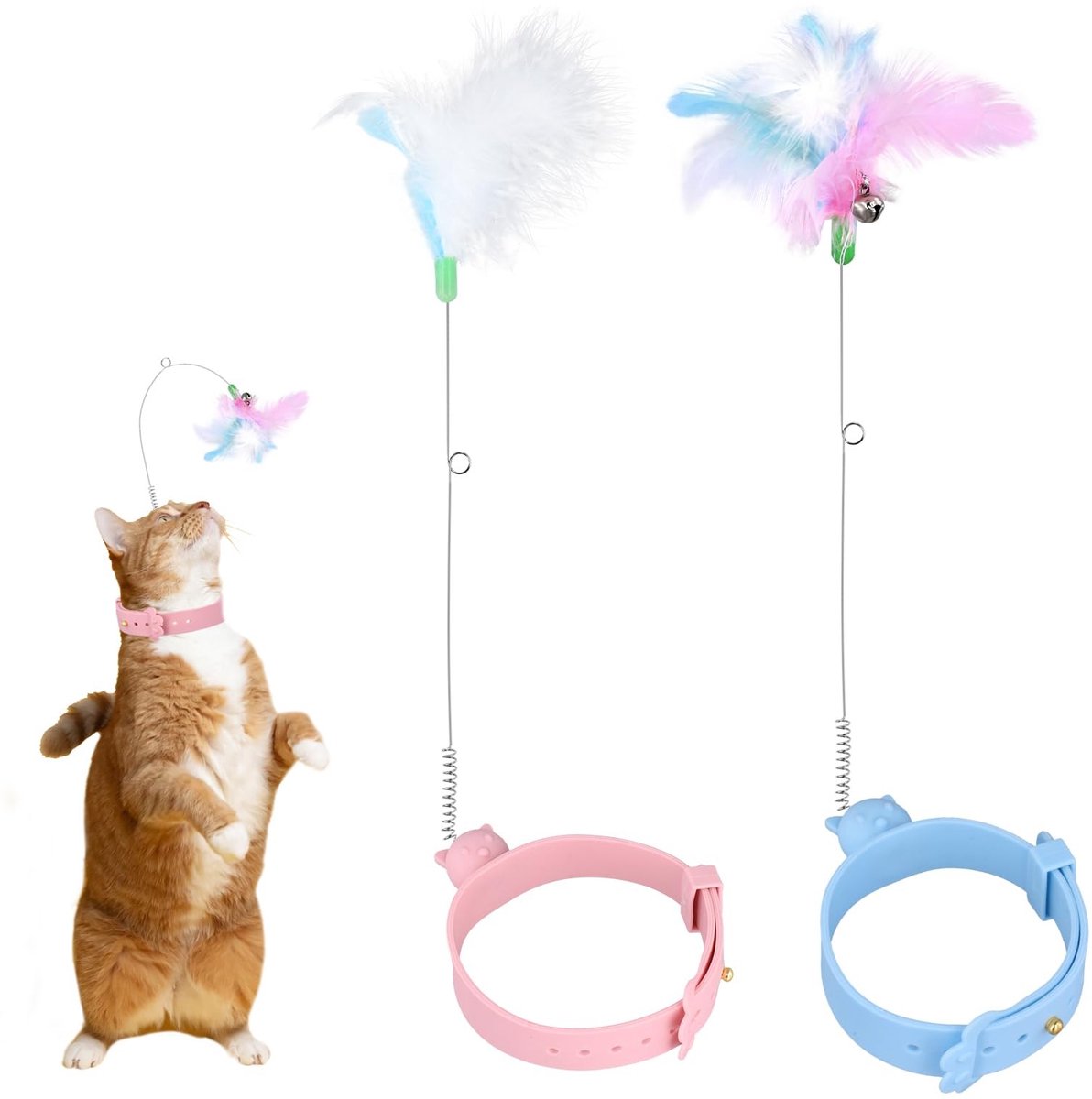 MK Stoer - Kattenhalsbandspeelgoed - Siliconen Veren - Halsband en Bel - Kattenspeelgoed - Geschikt voor Katten - 2 Stuks Kattenhalsbandspeelgoed, Kattenplaagstokjes van Siliconen Veren met Halsband en Bel.
