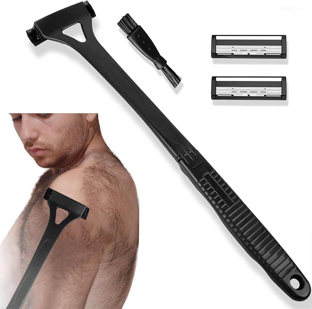 Men's Back Shaver, Black, 1 Piece, Back Hair Remover, Includes 2 Scraper Heads and 1 Small Cleaning Brush, Suitable - ShopVlot