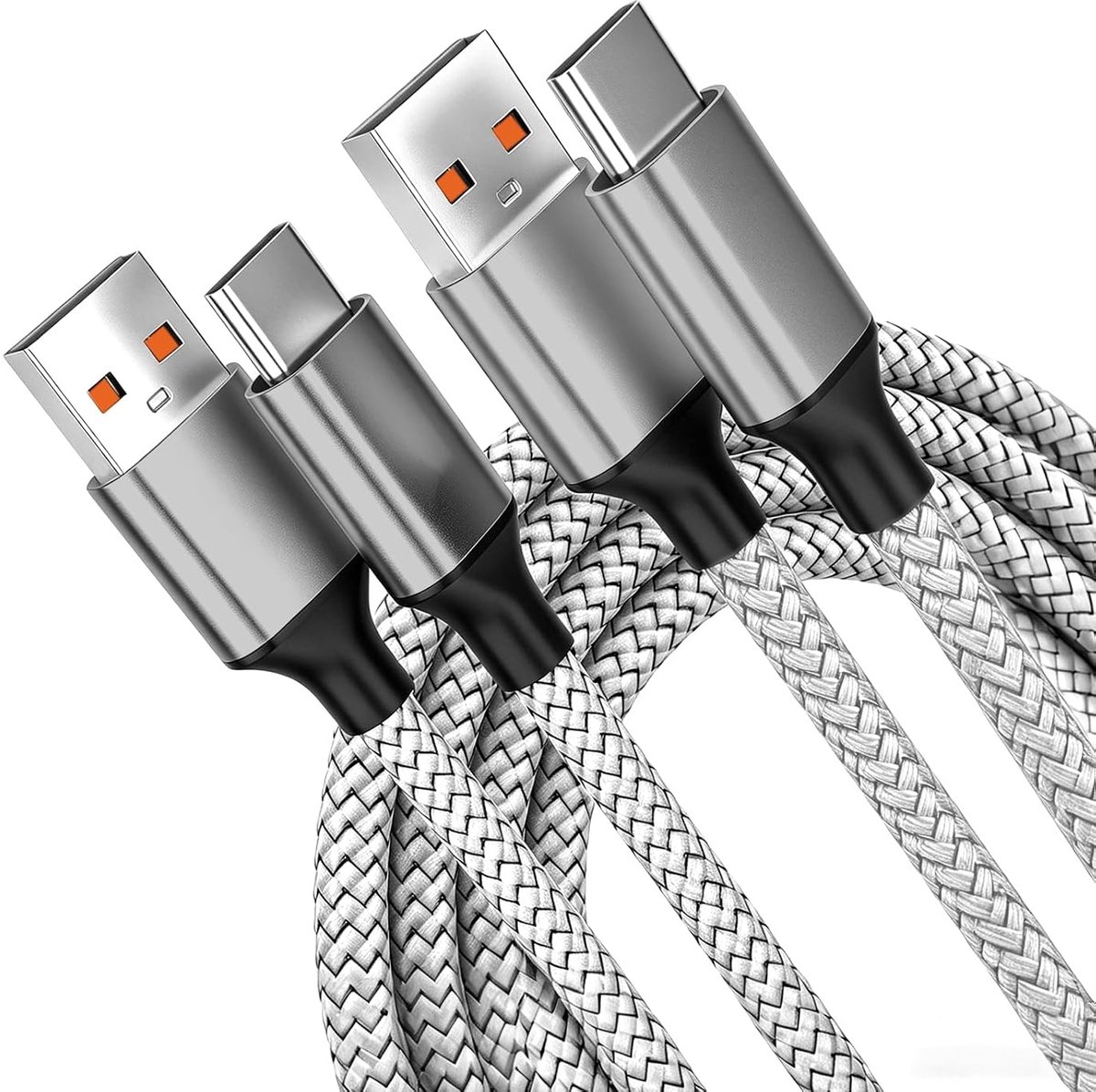2 stuks USB C-kabel, snel opladen, 120 W, 6 A, 2 m, USB naar USB C-kabel, nylon gevlochten, gegevensoverdracht en USB - ShopVlot