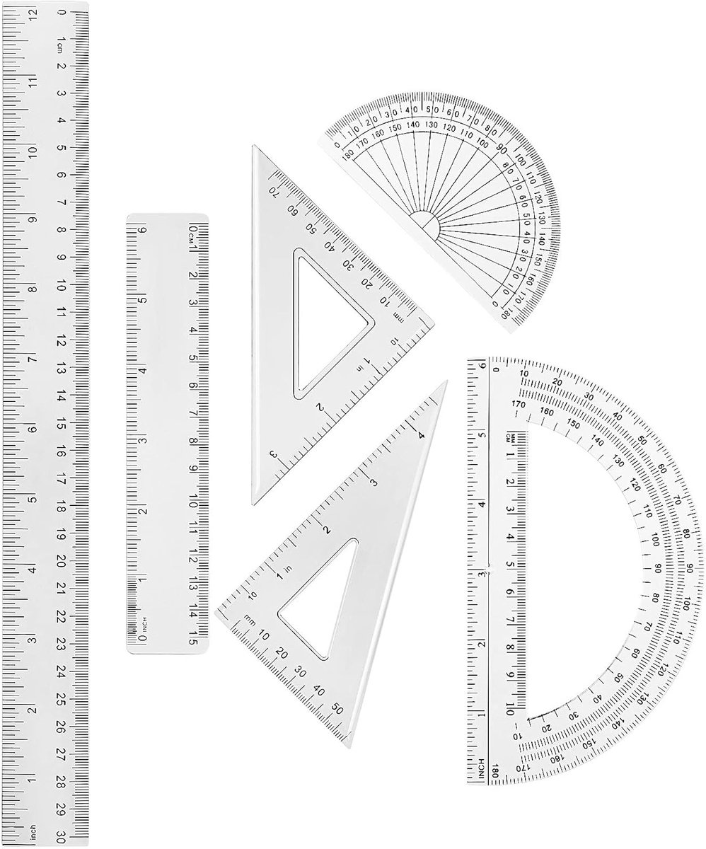 Mathematical Set of 6 Transparent Plastic Includes Degree Knife Triangular Ruler, 12 Inches, 15 cm, 6 Inches - ShopVlot