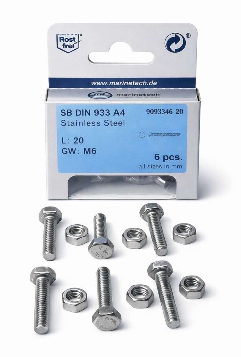6 stuks zeskantschroeven met moeren DIN 933/934 A4 M6x20 SW10 - ShopVlot
