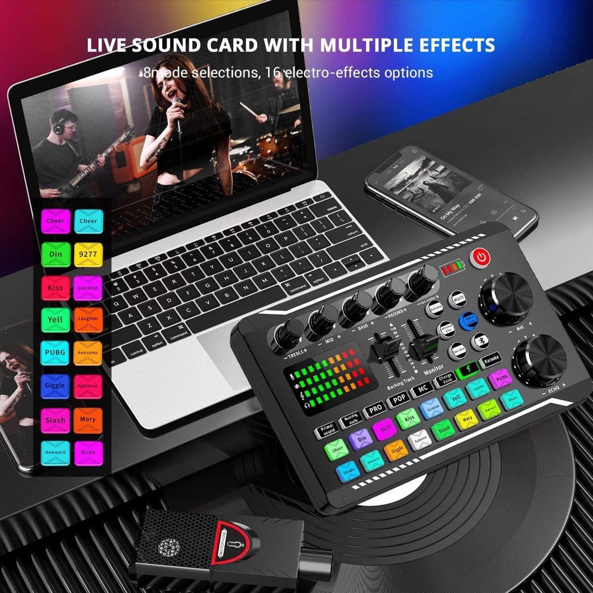 F998 Live geluidskaart audiomixer, podcast-audio-interface met DJ-mixer-effecten, met meerdere geluidseffecten - ShopVlot