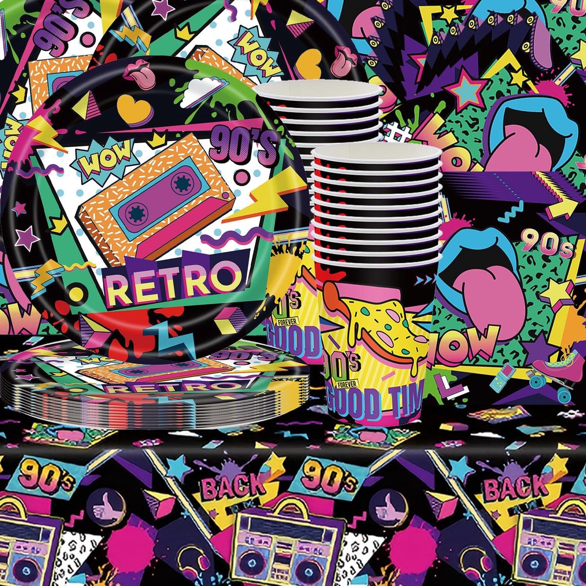 90s Retro Party Tableware Set, 61-Piece Mystic Purple Birthday Party Decorations, Table Cloth, Paper Cups, Napkins - ShopVlot