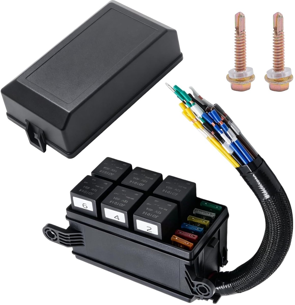 12 V relaisbox met 6 relais en zekeringen, voorbedraad 12 AWG waterdicht relaisblok met ATC/ATO-plaatsen, universele - ShopVlot