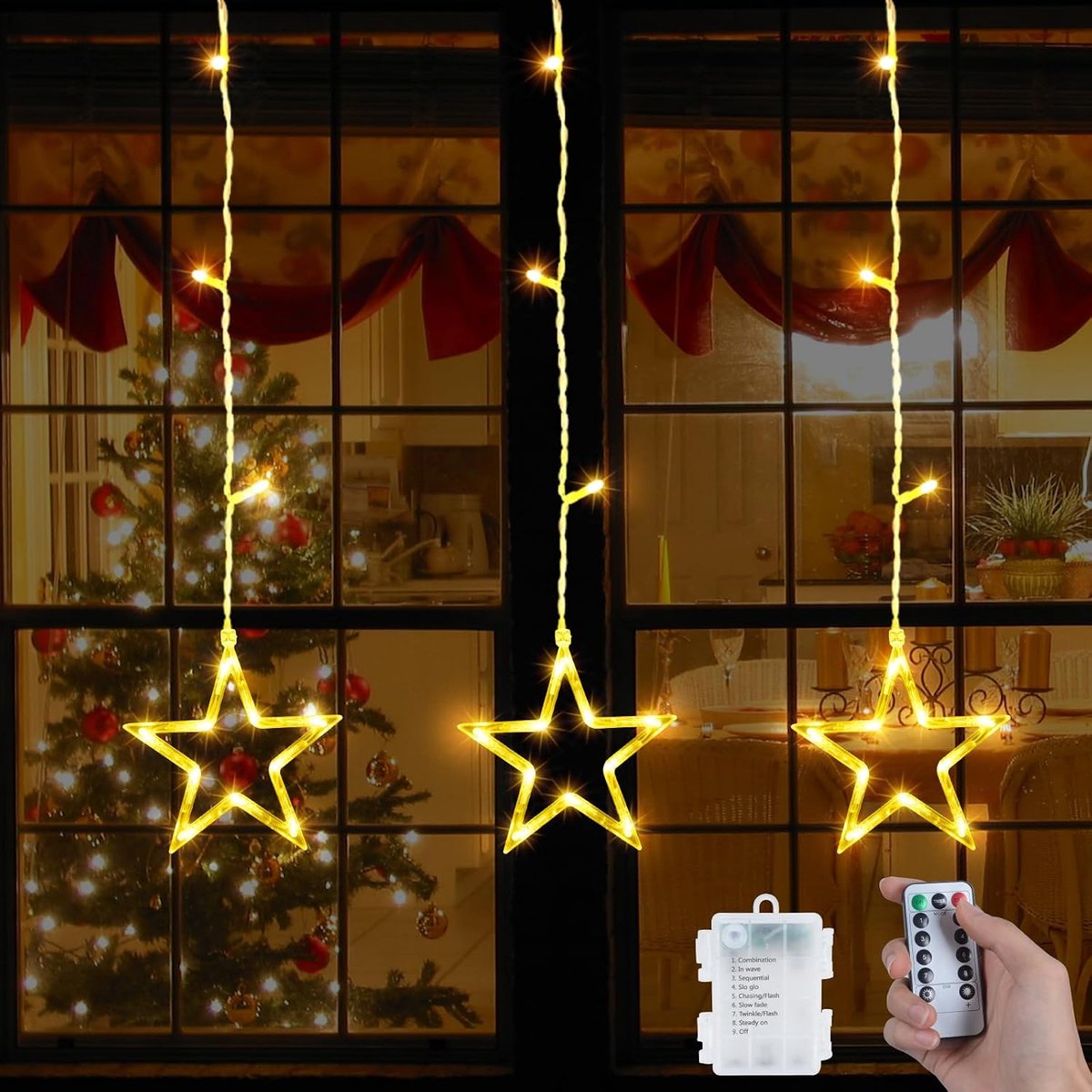 Qoosea Curtain Lights with 3 Stars 39LED Christmas String Lights 8 Modes Star String Lights Remote Control Battery - ShopVlot