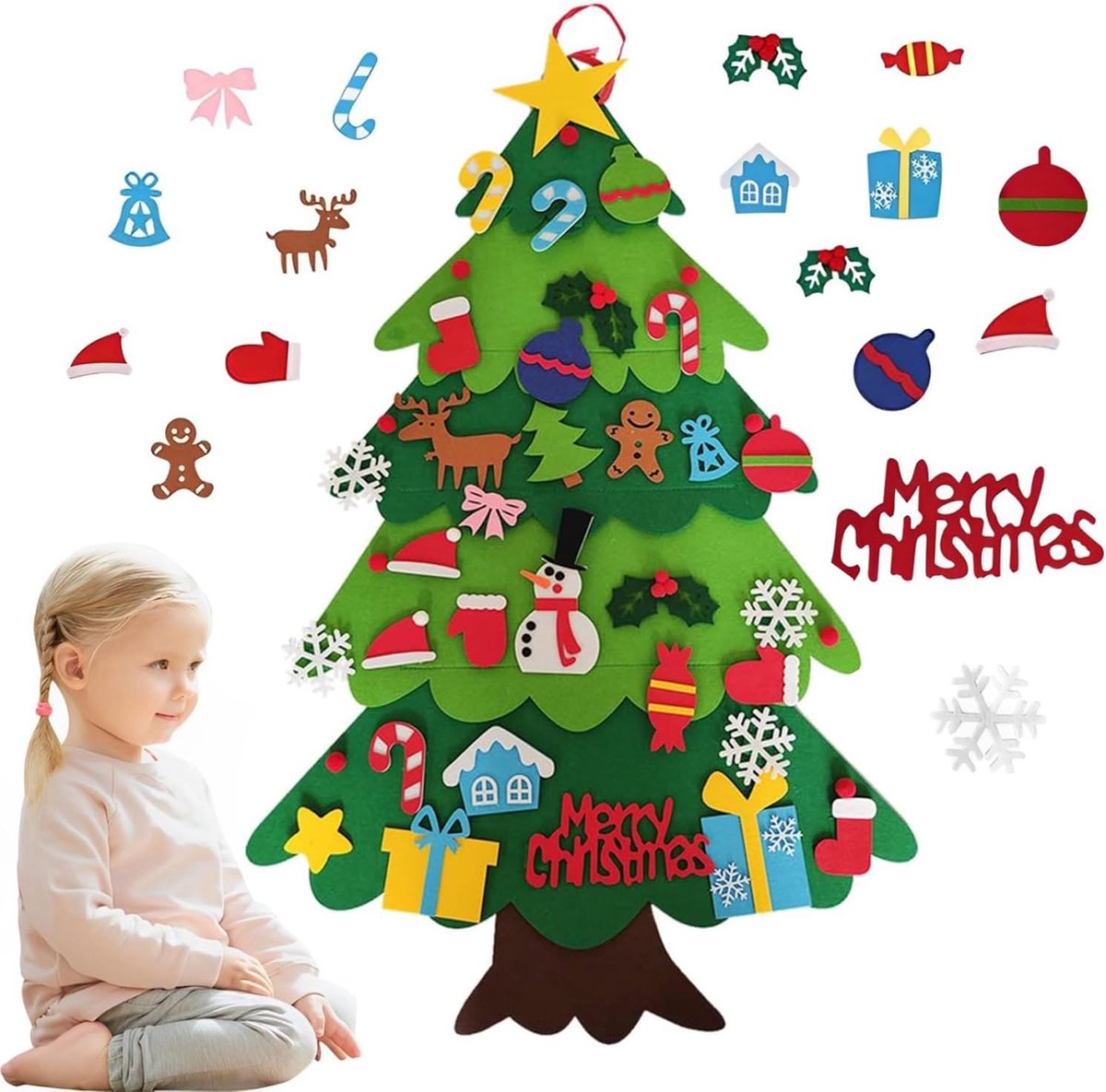 DIY Vilt Kerstboom Set - 98 cm - 32 Stuks - Decoratie voor Kinderen - Herbruikbare Wanddecoratie - ShopVlot