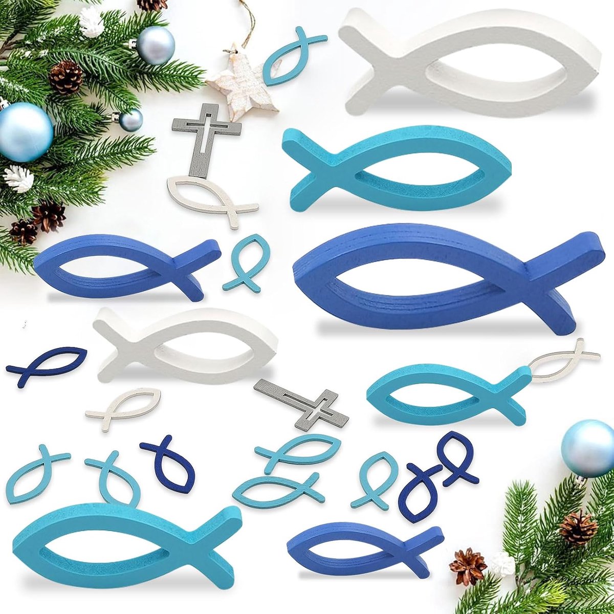 Houten vissen decoratie 69 stuks - 9 grote vissen - blauwe kruisdecoratie - sfeervolle tafelversiering - ShopVlot