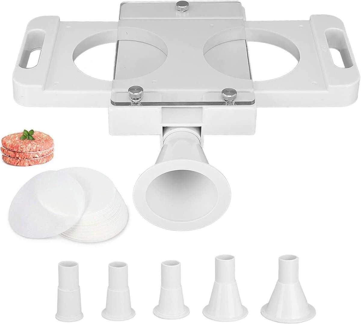Burger Press 14 cm - met 50 Papieren Inlegvellen - Inclusief 5 Adapterbuizen - Ideaal voor Perfecte Burgers - ShopVlot