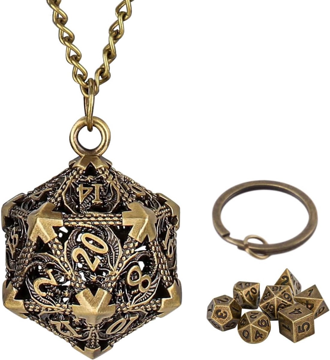 DND dobbelstenen set mini - metalen kooi D20 - brons - duurzame rolspelaccessoires - ShopVlot