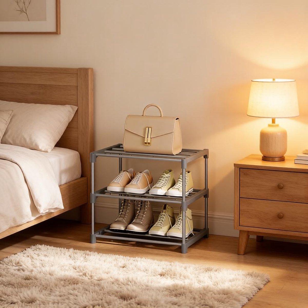 Schoenenrek Ruimtebesparend – 42 x 30 x 37 cm – Metaal – Grijs – Staand Open Opbergrek Voor 6 Paar Schoenen – 3 Niveaus