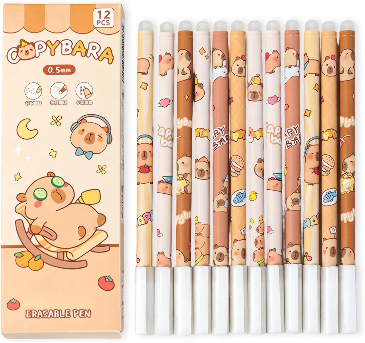 Set van 12 uitwisbare gelstiften - capybara-design - warmtegevoelige inkt - creatief schrijven - ShopVlot