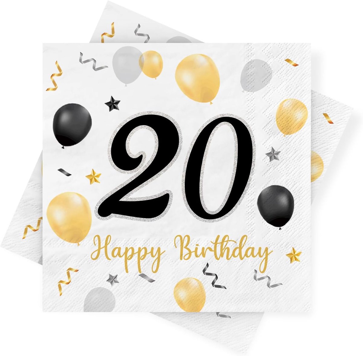 Servetten 20ste verjaardag - 30 stuks - zwart-gouden ballonnen - feestelijk tafelaccessoire - ShopVlot