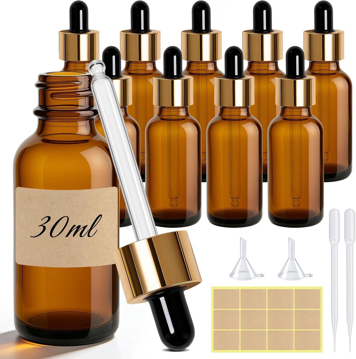 Druppelflessenset 30ml - Amber Glazen Pipetteflessen - Inclusief Accessoires - Ideaal voor Essentiële Olie - ShopVlot