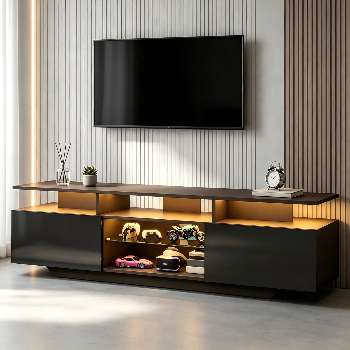 DESMIU Tv Meubel Met Led Verlichting En 2 Kasten En Open Vakken Voor Woonkamer En Entertainment Hoek Van Mdf Zwart 160 X 40 X 45 Cm