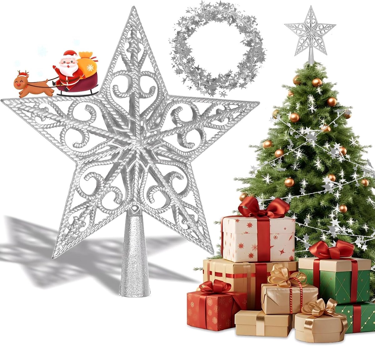 Christmas Tree Peak Star Silver – Glitter Christmas Tree Tip 20 cm, Christmas Tree Star Point with 7.5 m Garland, Tree - ShopVlot