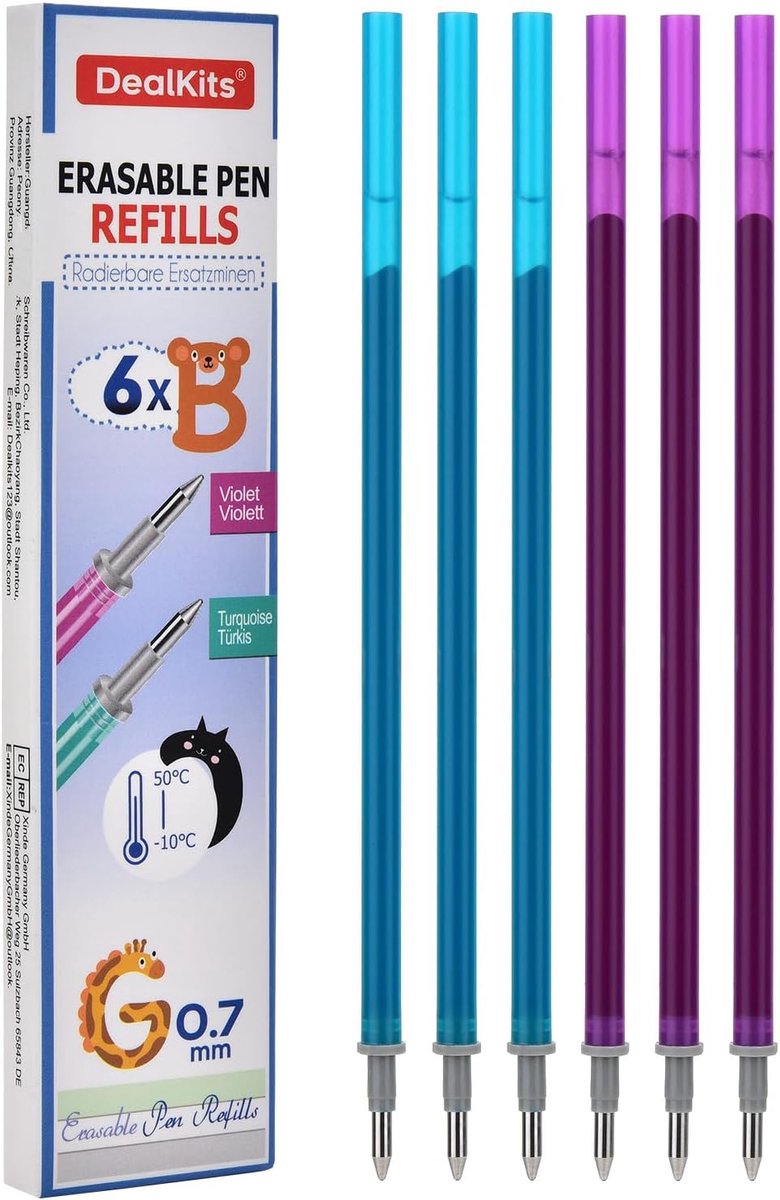 Pack of 6 Erasable Replacement Refills (3 x Purple + 3 x Turquoise), Compatible with Legami, 0.7 mm Erasable Refills - ShopVlot