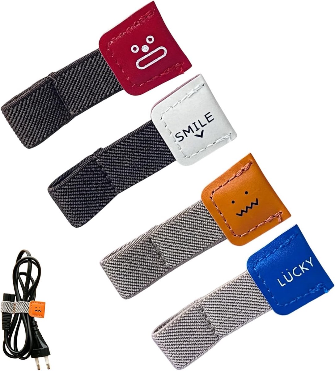 4 kabelhouders van PU-leer, herbruikbaar, met Lucky en Smile-design, elastische kabelopwikkeling voor hoofdtelefoon - ShopVlot