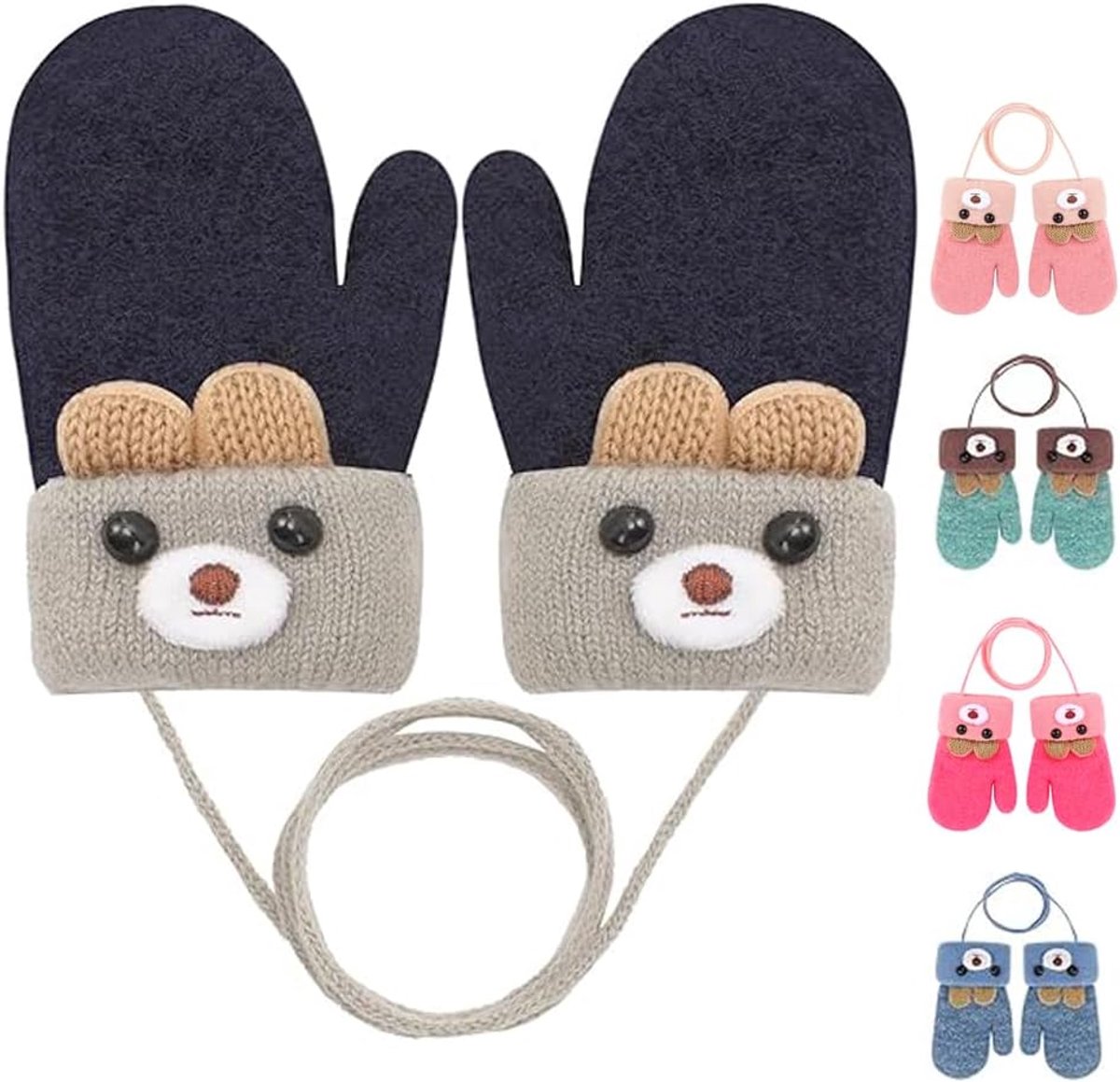 1 paar winterwanten voor baby's van 0-3 jaar, schattige beer, gebreide warme handschoenen met fleece gevoerd, kleine - ShopVlot