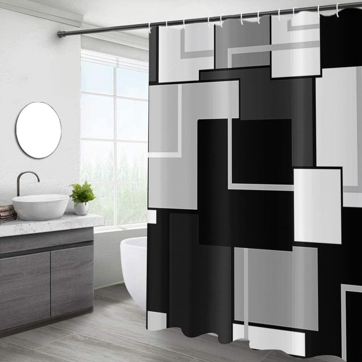 Modern zwart douchegordijn, zwart wit grijs abstracte geometrische esthetiek badkamer gordijn voor mannen badkuip - ShopVlot