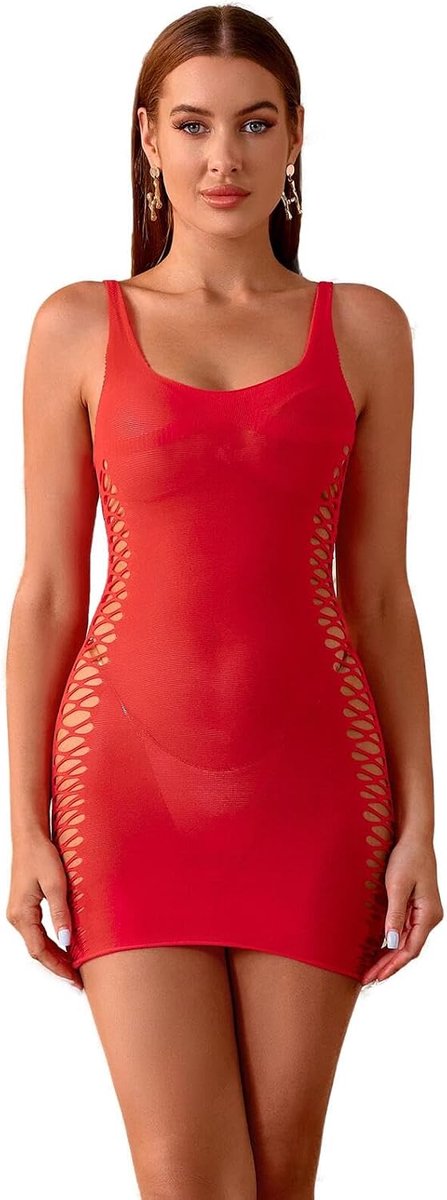 Walang Women Sexy Fishnet Bodysuit Underwear Bodycon Dress Deep Round Neck Mesh Hollow Out Babydoll Mini Dress One Size - ShopVlot