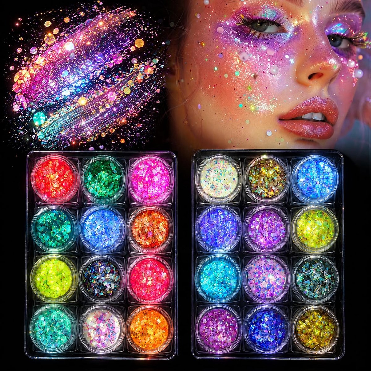 24 kleuren pailletten make-up set, lichaamglitter, dikke pailletten voor carnaval, zeemeerminpailletten, body glitter - ShopVlot