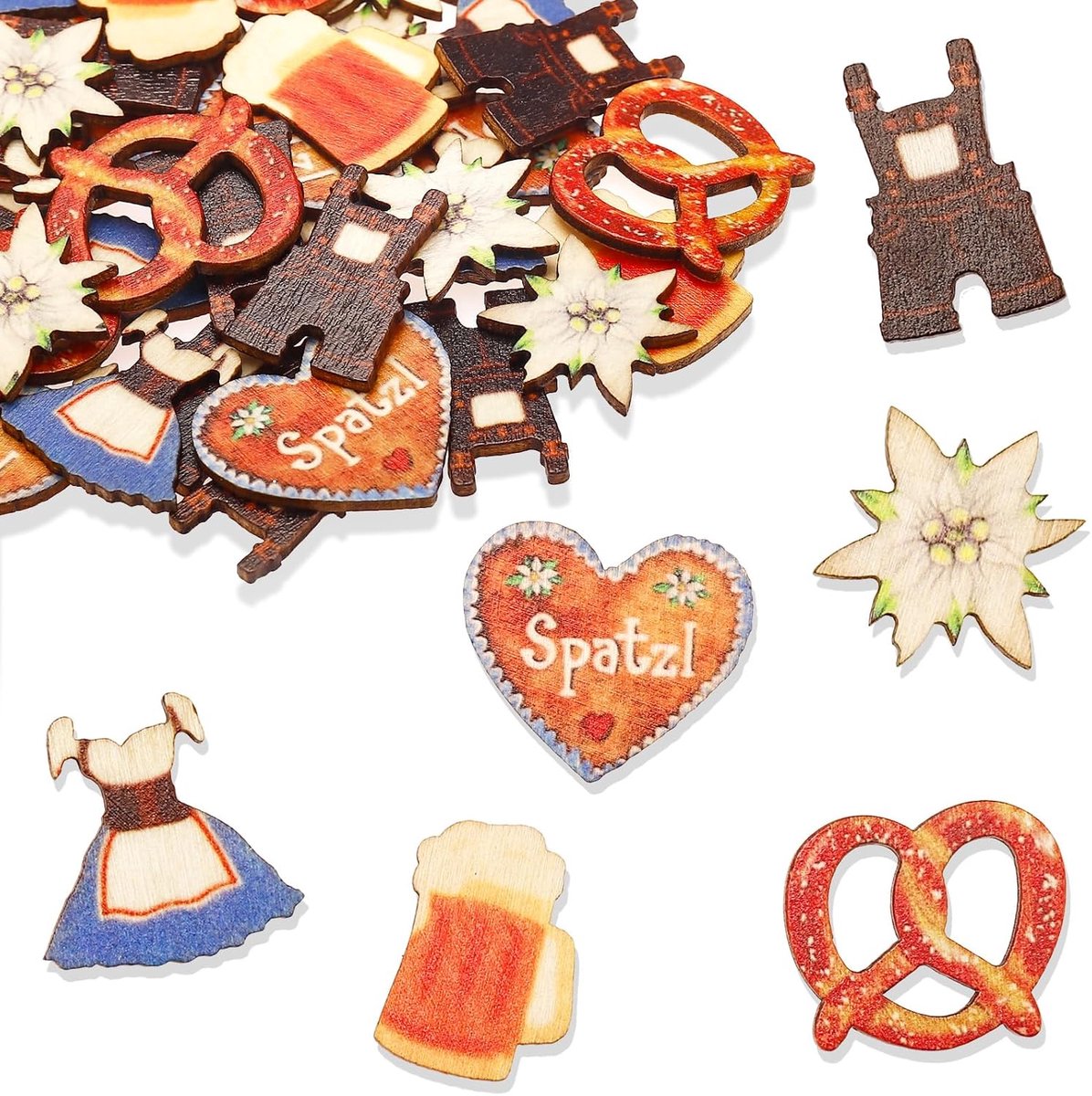 ALEGRE Sprinkle Decoration Oktoberfest Decorative Confetti Wood, 50 Pieces Edelweiss Beer Dirndl Pretzel Lederhose - ShopVlot