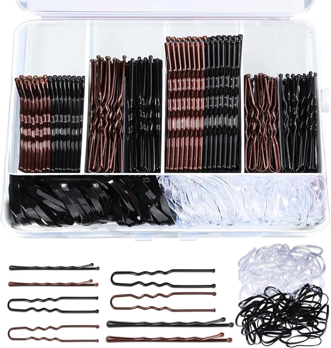 Bobby Pins Set of 300 Pieces, 200 Hair Grips, 100 Rubber Hair Bands for Women, U-Shaped Hairpins Black and Brown Bobby - ShopVlot