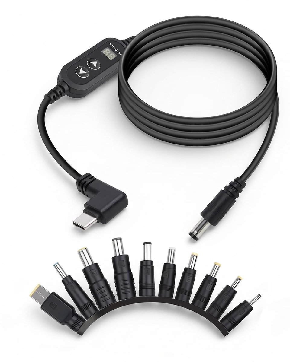 USB-C naar DC-adapter, 100 W, PD Trigger Type C, haaks, met led-display en 10 DC-punten, instelbare spanning 5 V/9 - ShopVlot