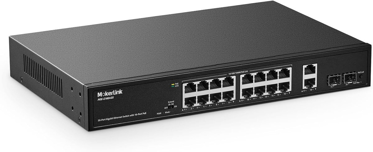 MokerLink 20-Port Gigabit PoE Switch, 16 Gigabit PoE+ ports, 2 Gigabit uplink, 2 Gigabit SFP, 200W IEEE802.3af/at - ShopVlot